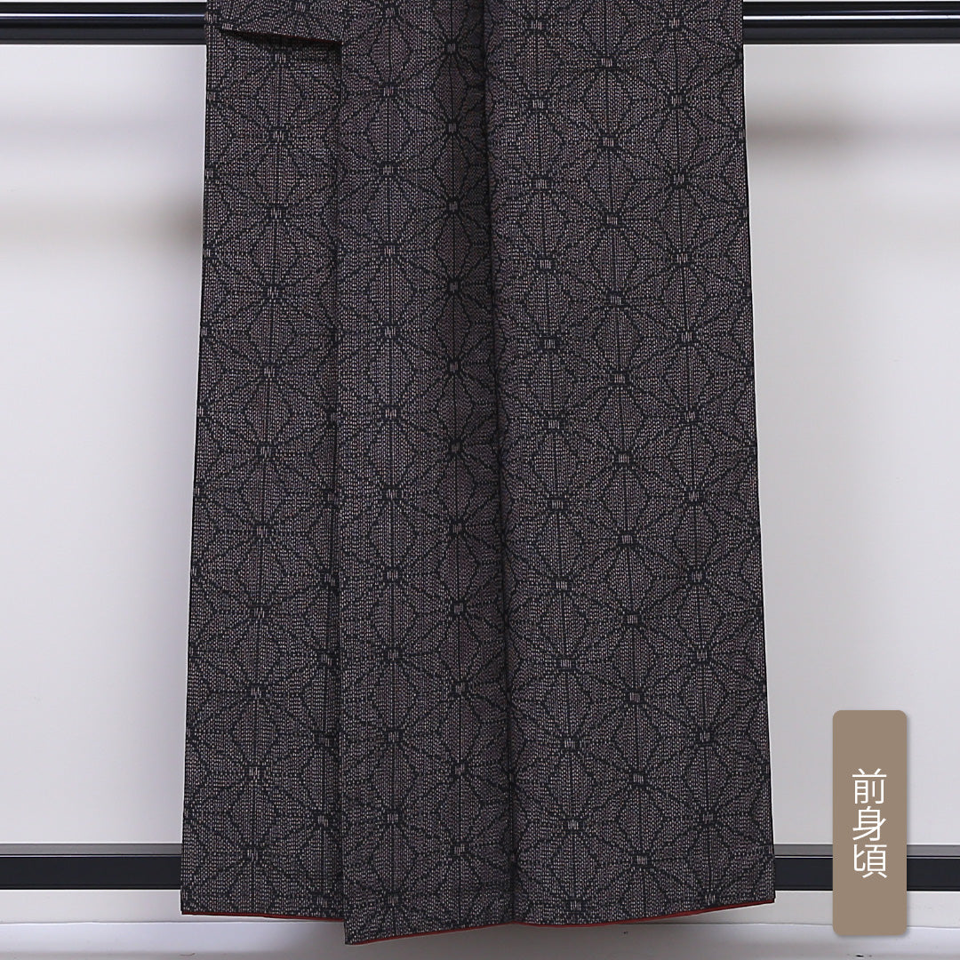 紬 袷 身丈155cm 裄丈63cm 正絹 Sランク カジュアル 広衿 Mサイズ 麻の葉 茶系 RP 1223-03149