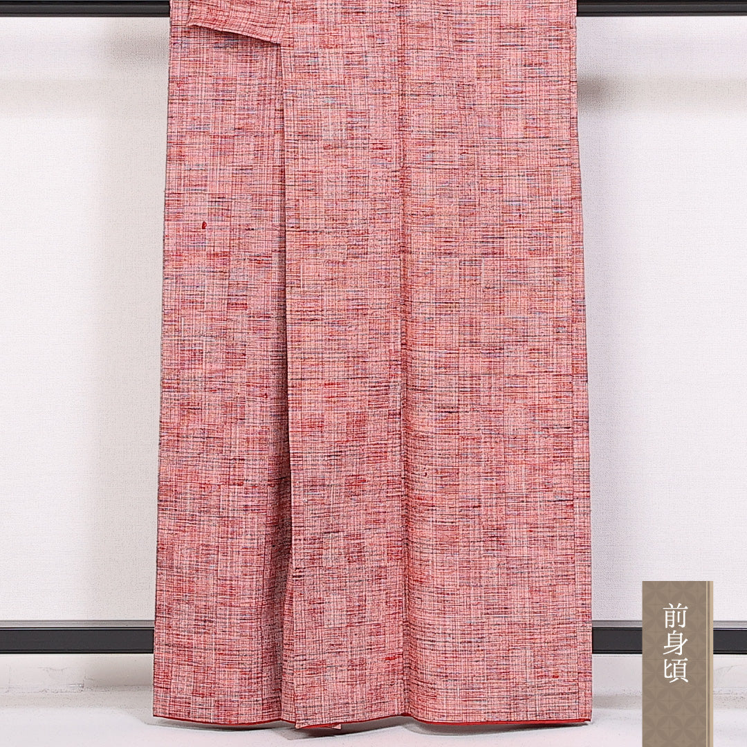 真綿紬 袷 身丈160cm 裄丈53cm 正絹 Sランク カジュアル 広衿 Lサイズ 市松 赤系 RP 1223-10126