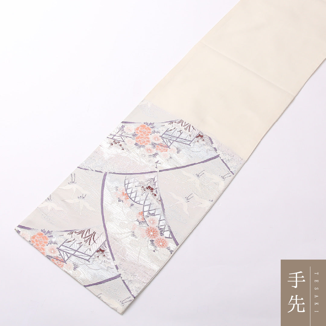 袋帯 帯丈412cm 正絹 六通 フォーマル 琳派 裂取り 御所解 銀系 白系 1243-01514
