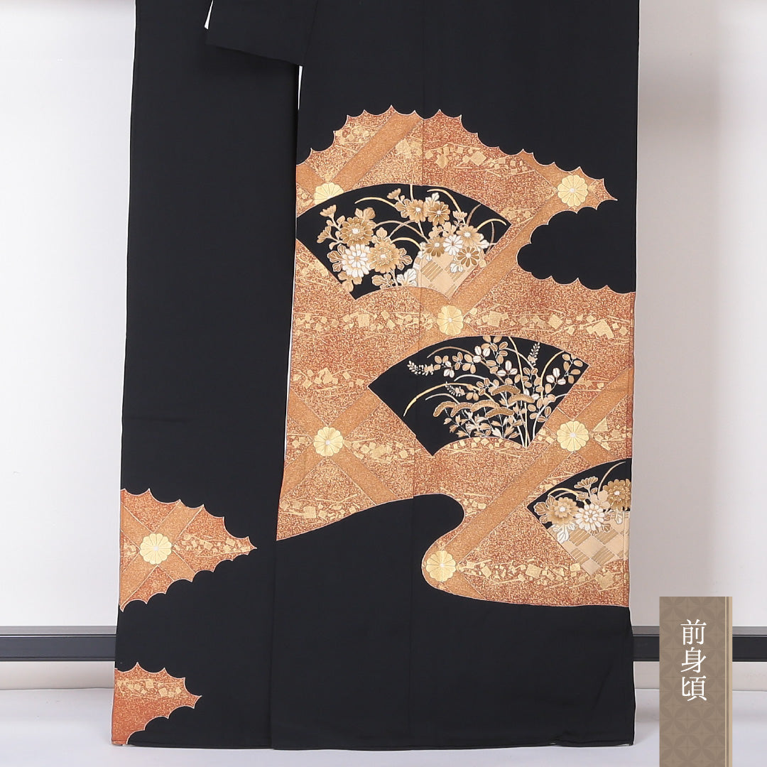 黒留袖 五つ紋 丸に四ツ目菱 身丈164cm 裄丈67cm Sランク 正絹 袷 比翼 広衿 L 道長取り 扇 フォーマル 黒系 1211-F0209