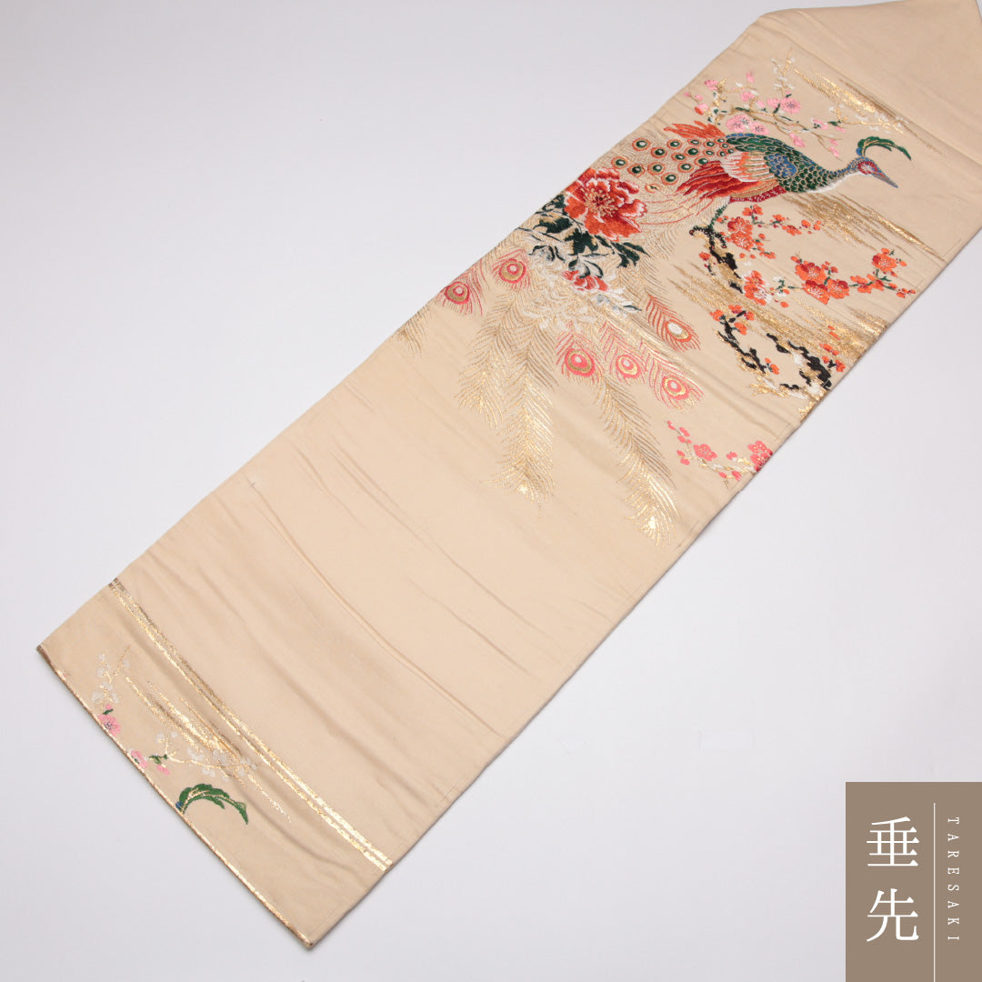 アンティーク 名古屋帯 帯丈323cm Cランク 名古屋仕立て 六通 正絹 孔雀 桜 梅 金糸 セミフォーマル クリーム系 1224-01515