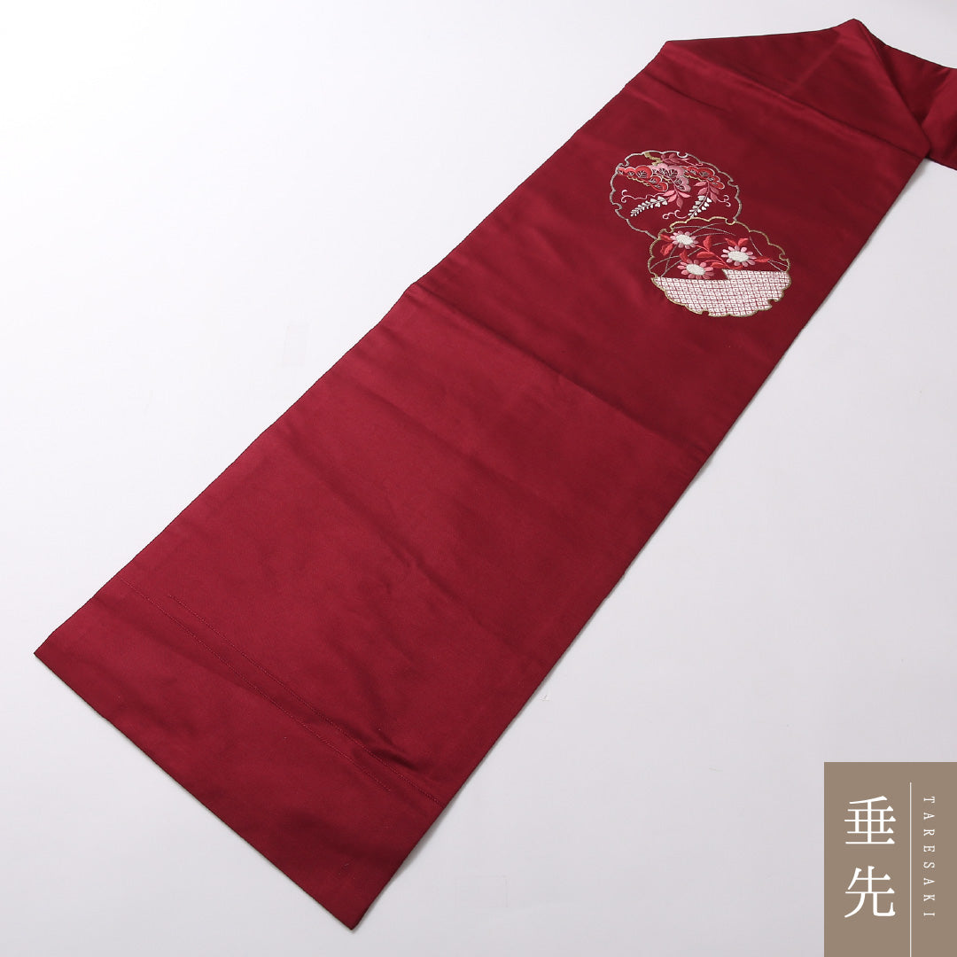 九寸 名古屋帯 帯丈353cm 名古屋仕立て ポイント柄 Sランク セミフォーマル 正絹 蘇州刺繍 雪輪 梅 松 古典的 可愛らしい 赤系 1224-02871