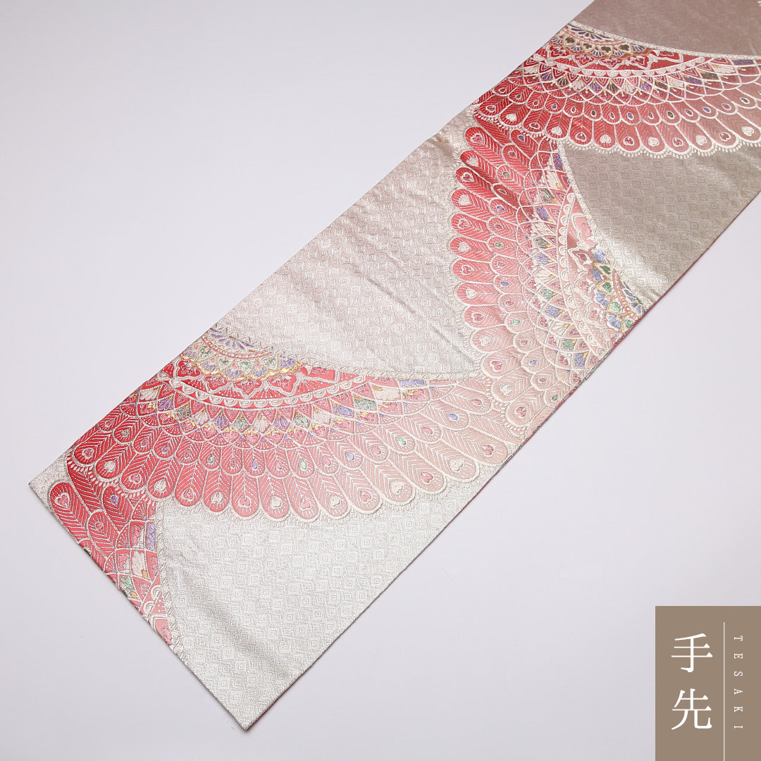 振袖用 袋帯 帯丈424cm 正絹 全通 佐賀錦 宝相華 孔雀 ピンク系 1243-01049