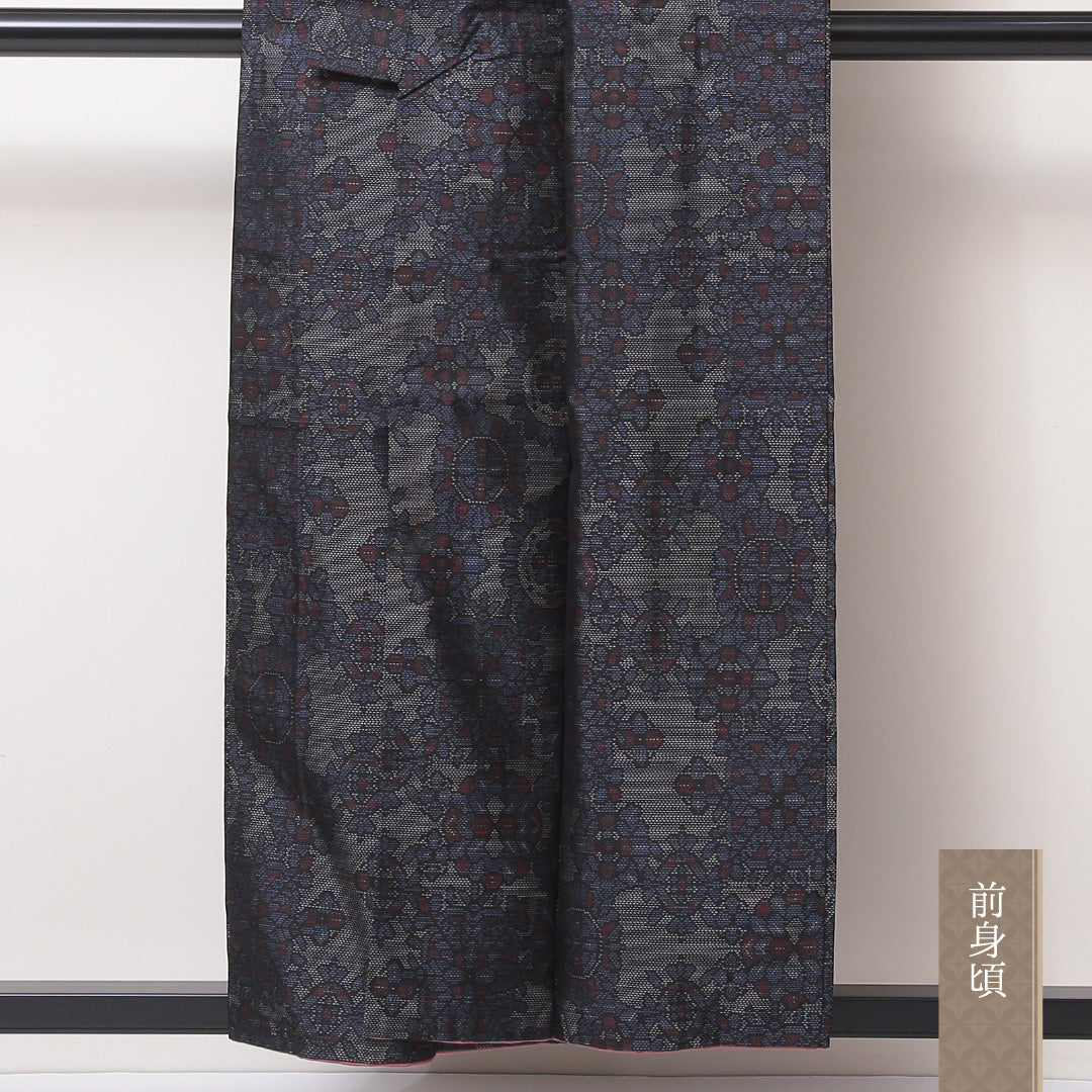 大島紬 袷 身丈154cm 裄62cm 正絹 花柄 紺系 Sランク 1216-01053