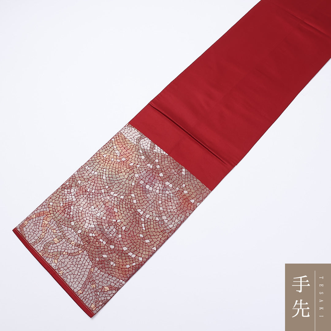 袋帯 帯丈420cm 六通 モダン カジュアル 赤系 正絹 Aランク 1223-00974