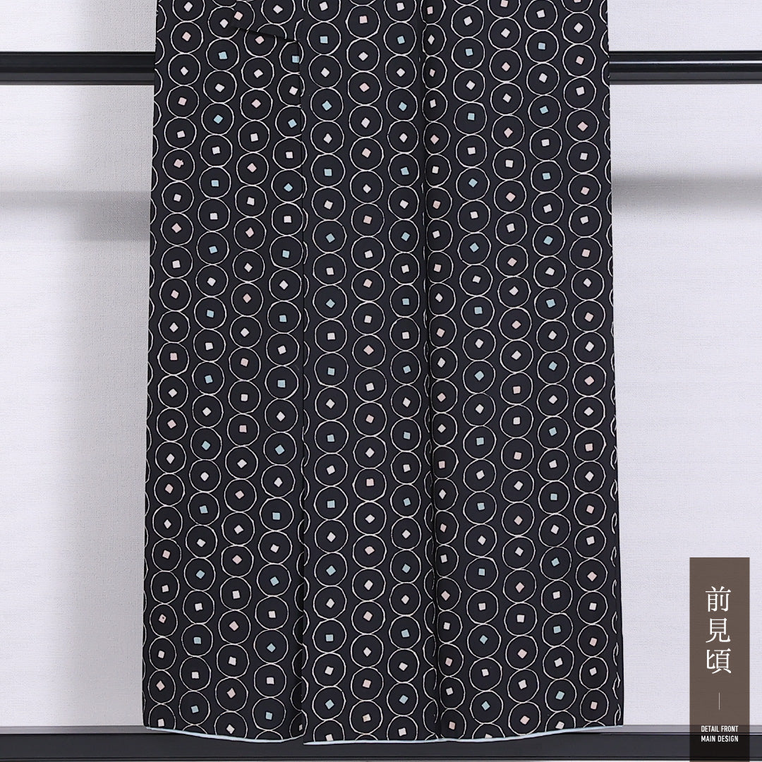 洗える着物 小紋 袷 身丈149cm 裄丈61cm ポリエステル Bランク インフォーマル バチ衿 XSサイズ 創作柄 黒系 HP 1221-11569