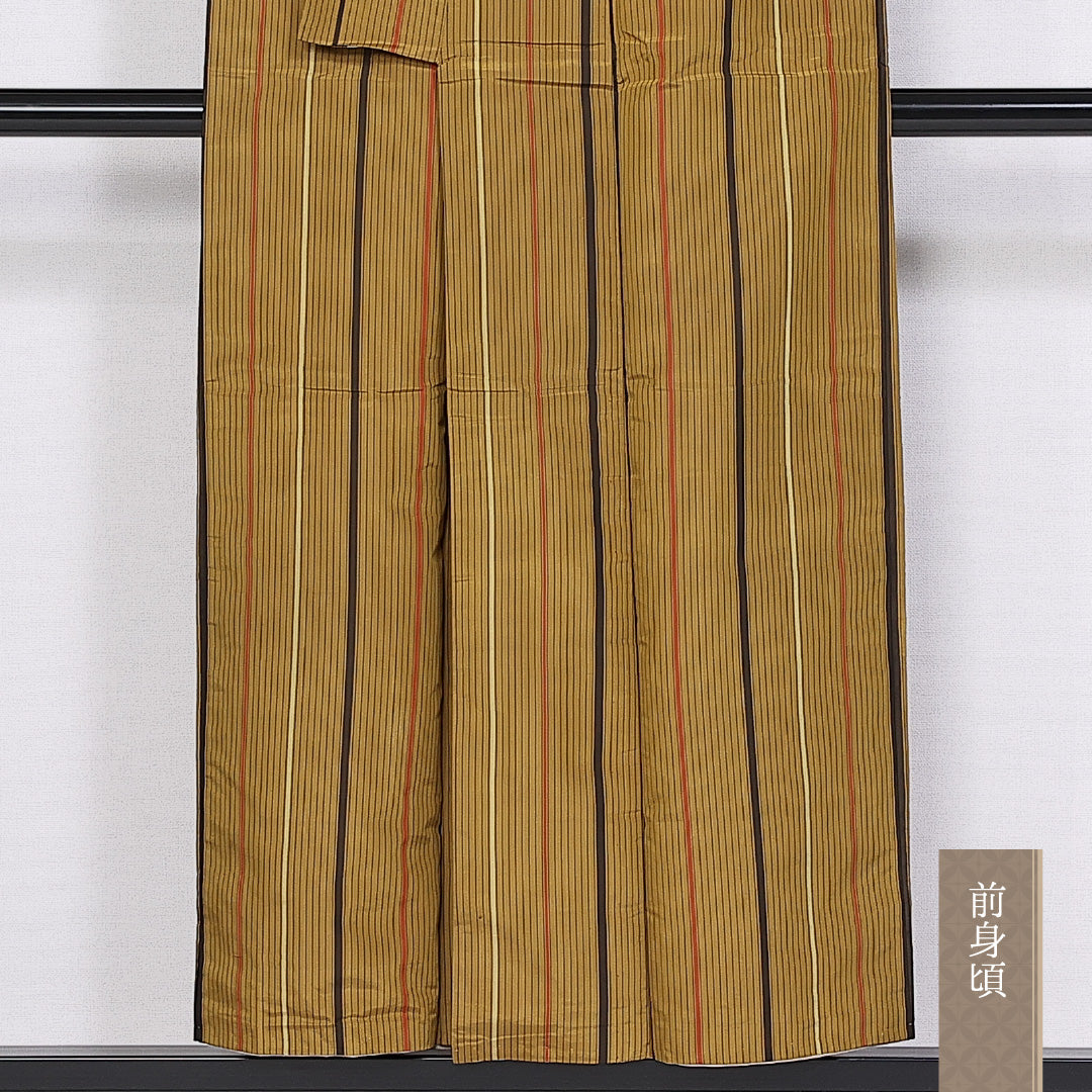 紬 袷 身丈151cm 裄丈60cm 正絹 Aランク カジュアル 広衿 Sサイズ 縞 茶系 RP 1223-10540