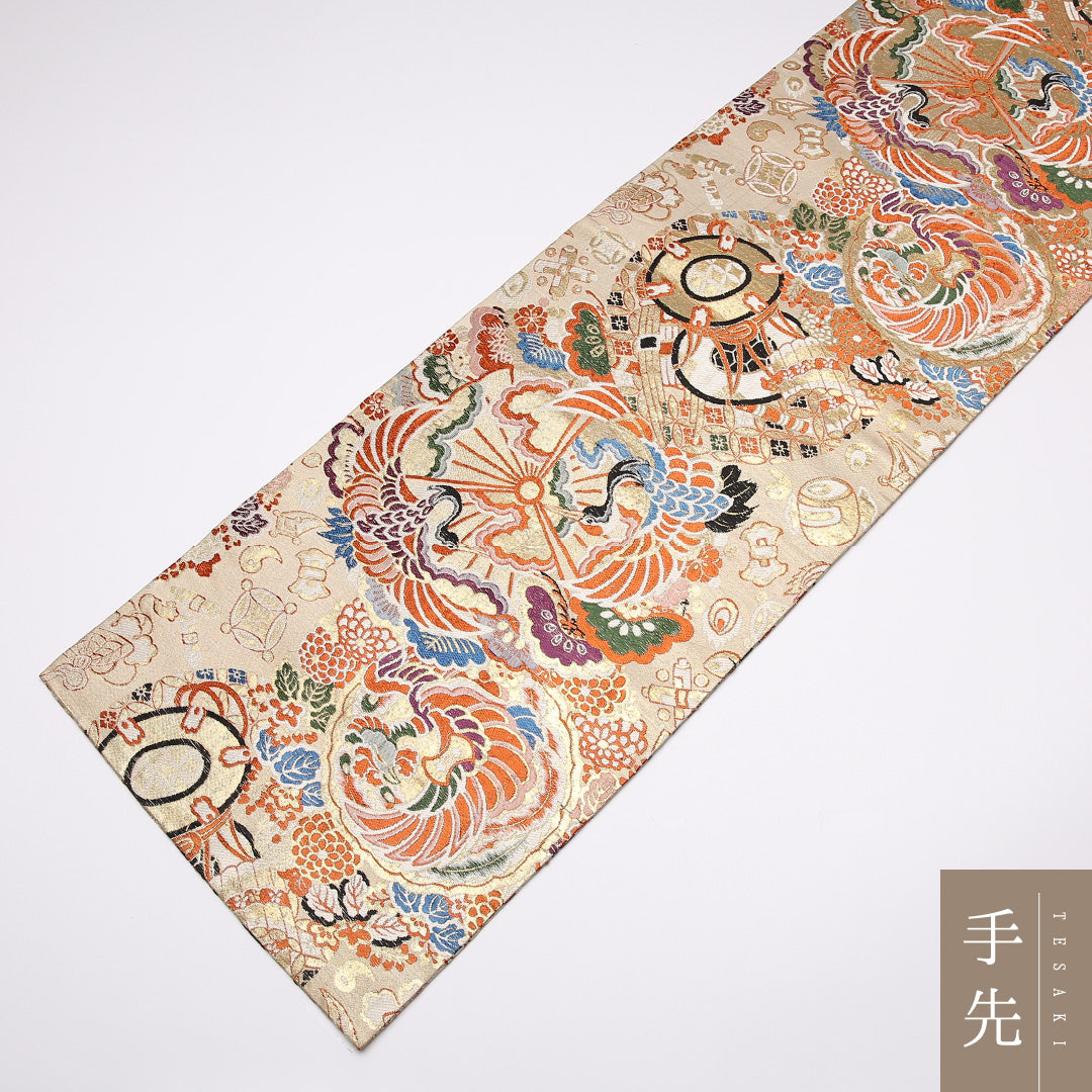 アンティーク 丸帯 帯丈412cm 正絹 全通 向かい鳥 鼓 丸文 クリーム系 1242-01055