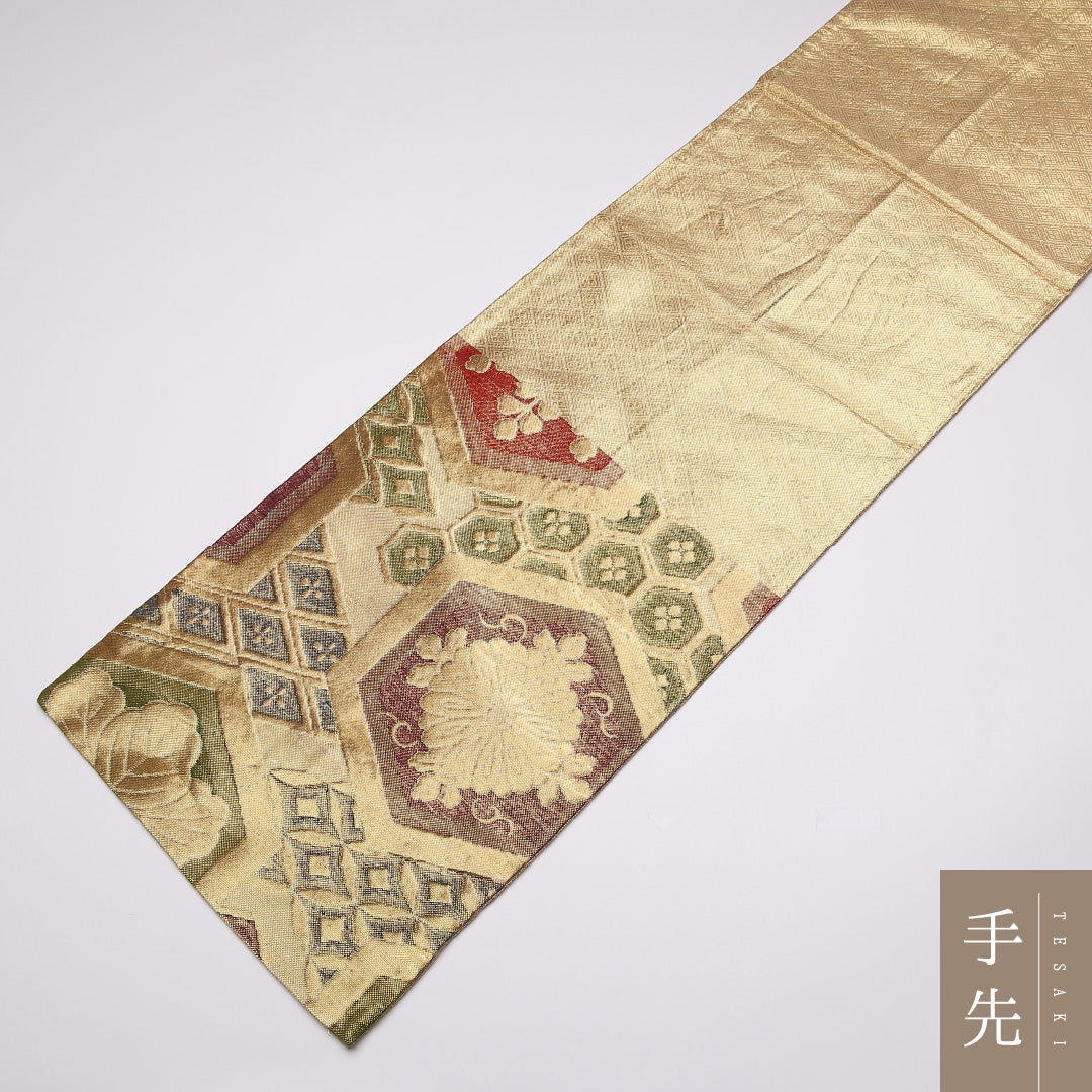 袋帯 帯丈416cm 正絹 六通 帯端のみ未仕立て 帯芯なし フォーマル 花菱亀甲 菊 桐 金系 1243-01063