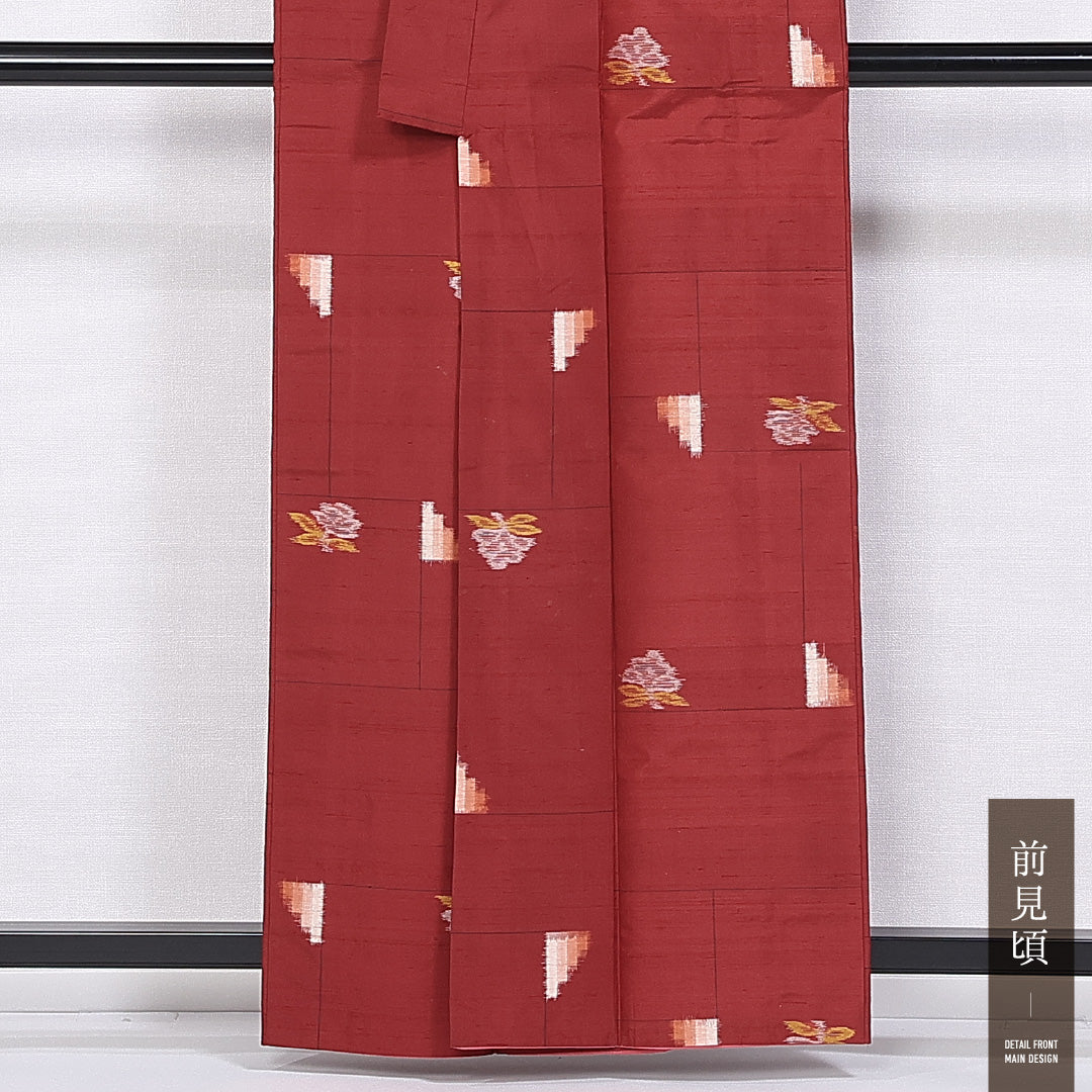 アンティーク 銘仙の着物 袷 身丈160cm 裄丈62cm 正絹 Cランク バチ衿 Lサイズ 花柄 朱系 RP 1223-11318