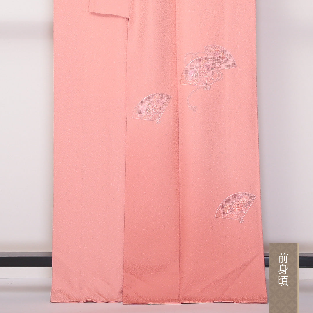 付下げ 袷 身丈165~169cm 裄68cm 正絹 汕頭刺繡 ぼかし 檜扇 ピンク系 ふくれ織 Sランク 1212-00651
