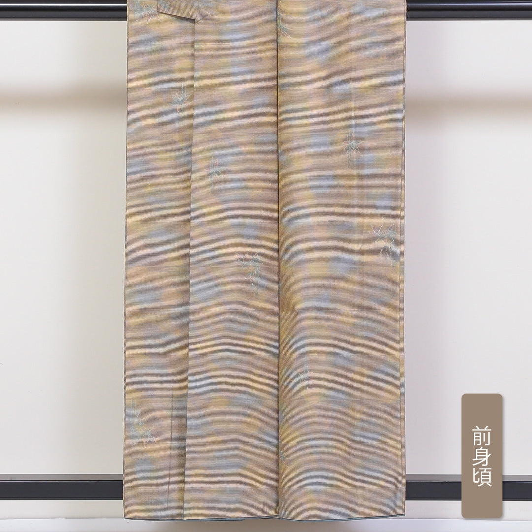 紬 袷 身丈155cm 裄丈62cm 正絹 Aランク カジュアル バチ衿 Mサイズ ぼかし染 笹 黄系 RP 1223-03175