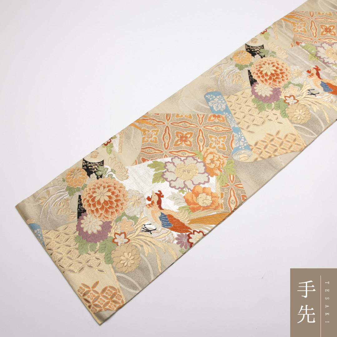 アンティーク 丸帯 帯丈412cm 正絹 全通 唐織 鳳凰 花鳥文 クリーム系 1242-01376