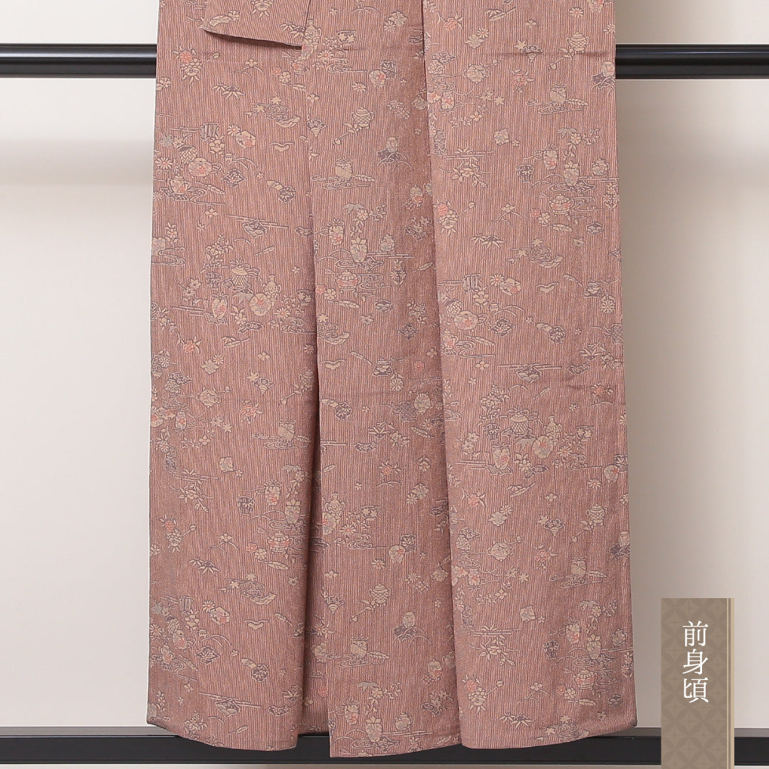小紋 単衣 身丈151cm 裄60.5cm 正絹 鉄瓶 棗 茶系 ちりめん Sランク 1215-02185