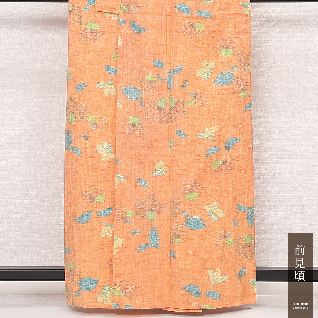 洗える着物 ウールの紬 単衣 身丈161cm 裄丈62cm ウール Aランク カジュアル バチ衿 Lサイズ 肩当て 花柄 朱系 RP 1223-13288