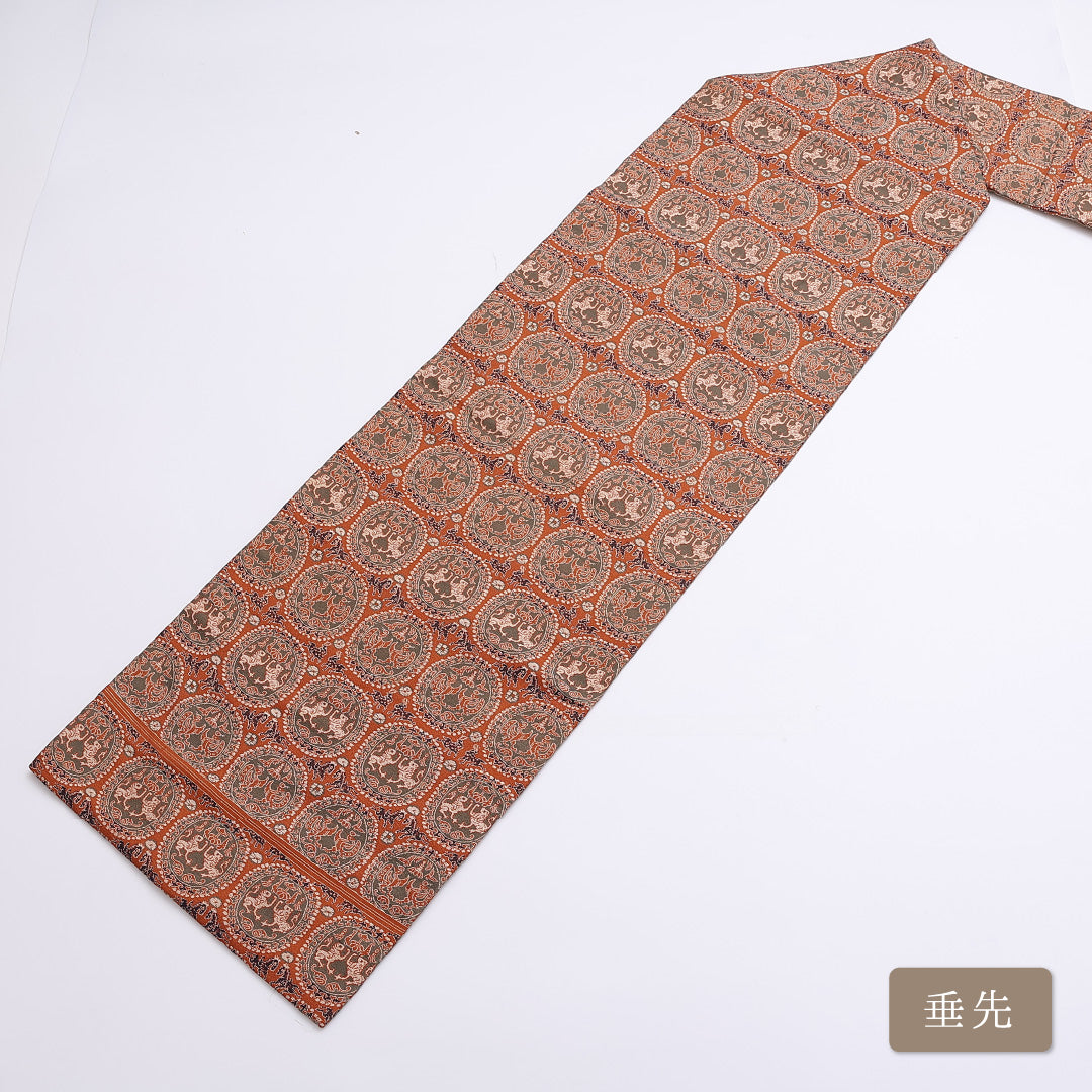 名古屋帯 帯丈338cm 全通 名古屋仕立て Sランク カジュアル 連珠文 正絹 朱系 1224-01260