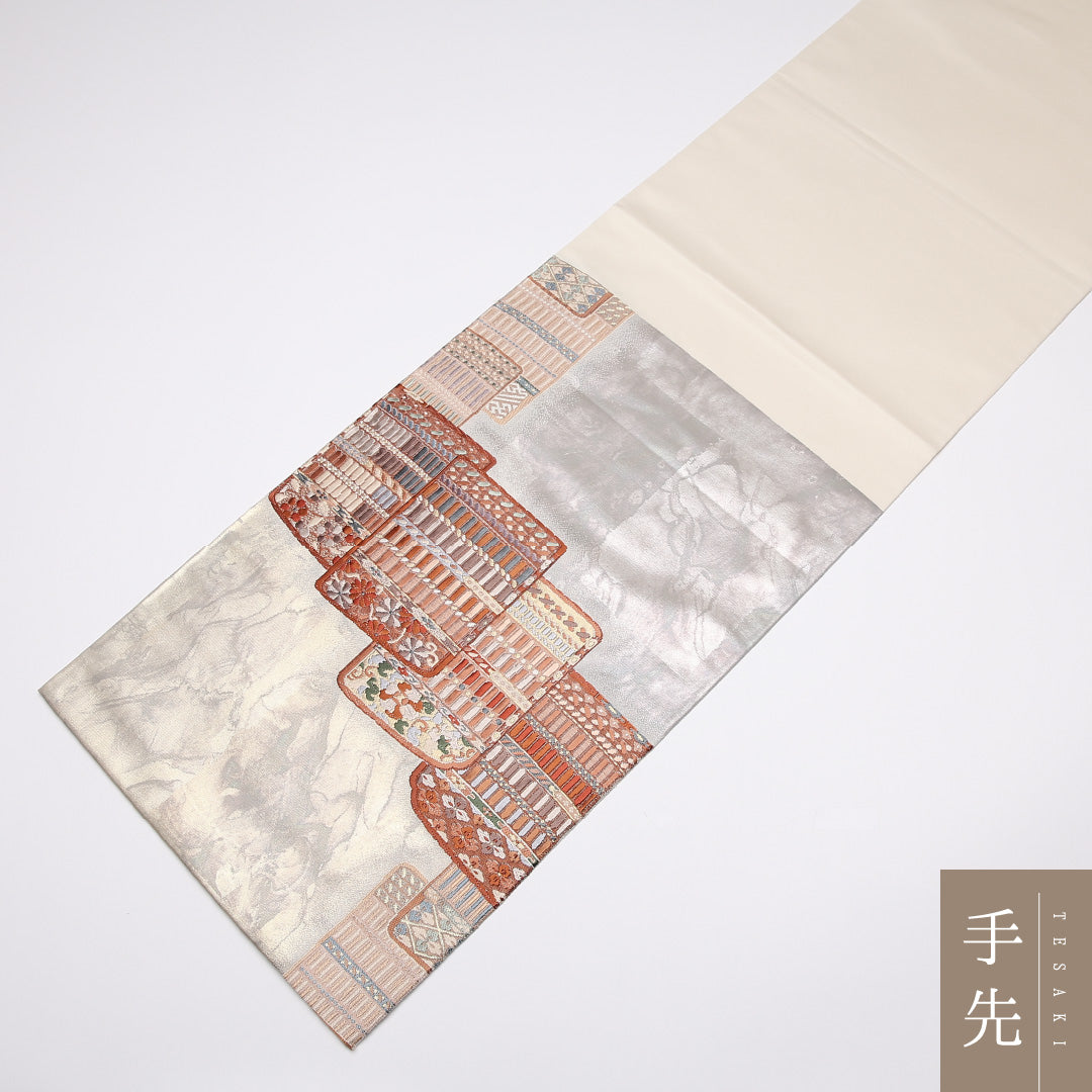 袋帯 帯丈432cm 正絹 六通 フォーマル 唐織 草木染 縅毛 銀系 1243-01050