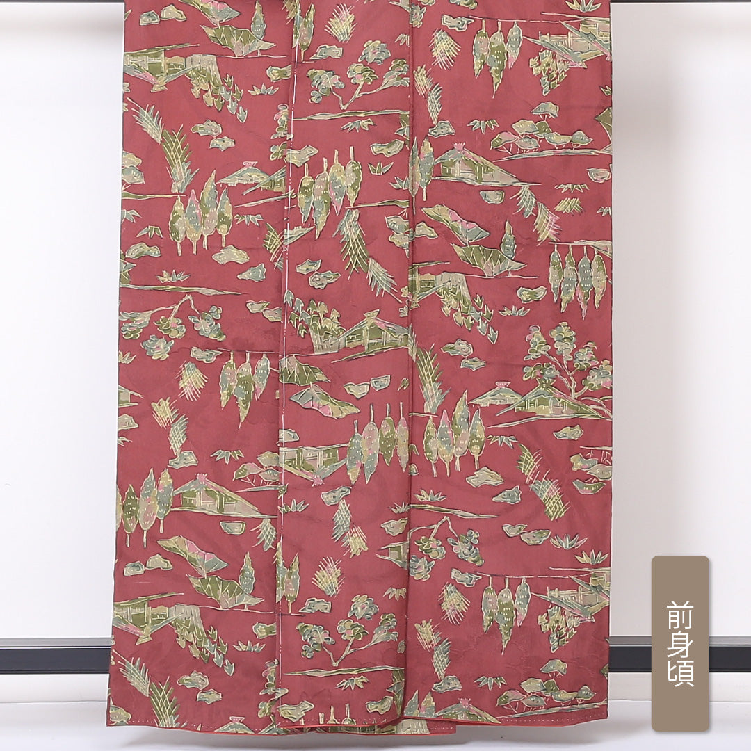 小紋 袷 身丈159cm 裄丈65cm 正絹 Aランク インフォーマル 広衿 Mサイズ 茶屋辻 赤系 RP 1221-01885