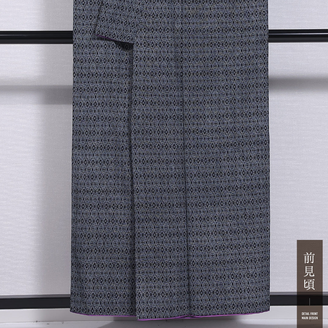 小紋 袷 身丈155cm 裄丈63cm 正絹 Aランク インフォーマル 広衿 Mサイズ 創作柄 黒系 RP 1221-11864