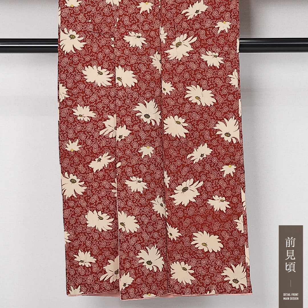 アンティーク 小紋 袷 身丈140cm 裄丈56cm 正絹 Aランク バチ衿 XSサイズ 菊 唐菊 赤系 M4 1221-12506