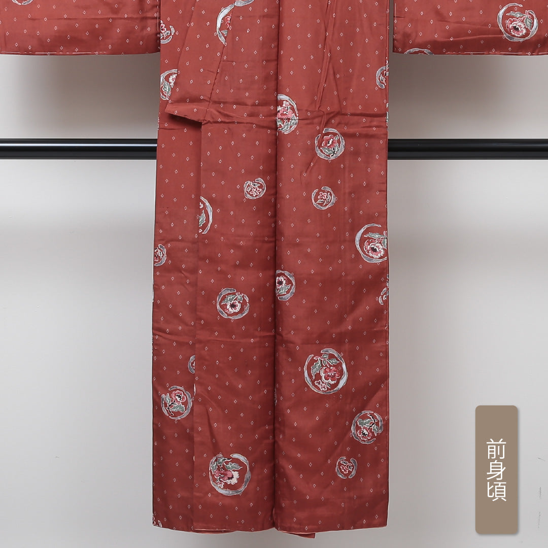 アンティーク 小紋 袷 身丈145cm 裄丈62cm 正絹 Bランク バチ衿 XSサイズ 花柄 朱系 RP 1221-01334