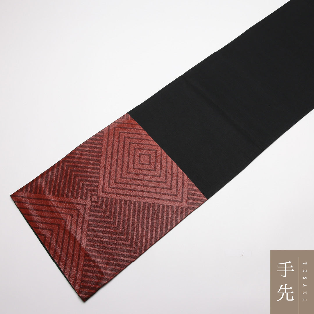 袋帯 帯丈406cm Aランク 六通 正絹 緞子 入子菱 セミフォーマル 朱系 1223-01389