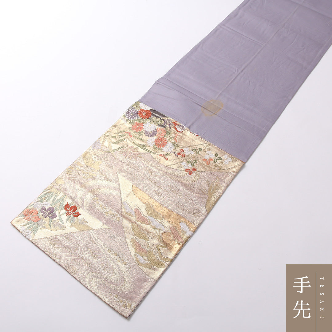 袋帯 帯丈418cm 正絹 六通 フォーマル 本金箔 鴛鴦 山水 金系 ベージュ系 1243-01688