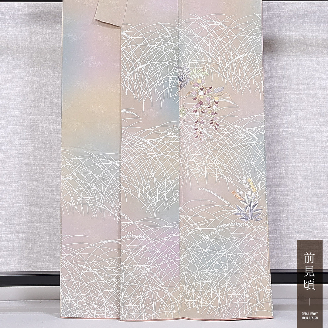 付下げ 袷 身丈162cm 裄丈63cm 正絹 Bランク インフォーマル バチ衿 Lサイズ ぼかし染 刺繍 すずらん クリーム系 RP 1218-11215