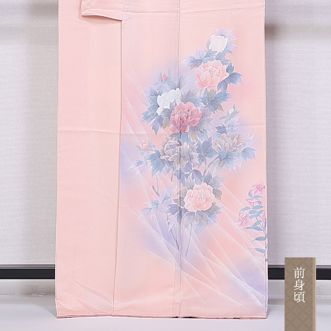 訪問着 身丈164cm 裄丈64cm L 正絹 Aランク 袷 広衿 刺繍 牡丹 椿 1212-10222