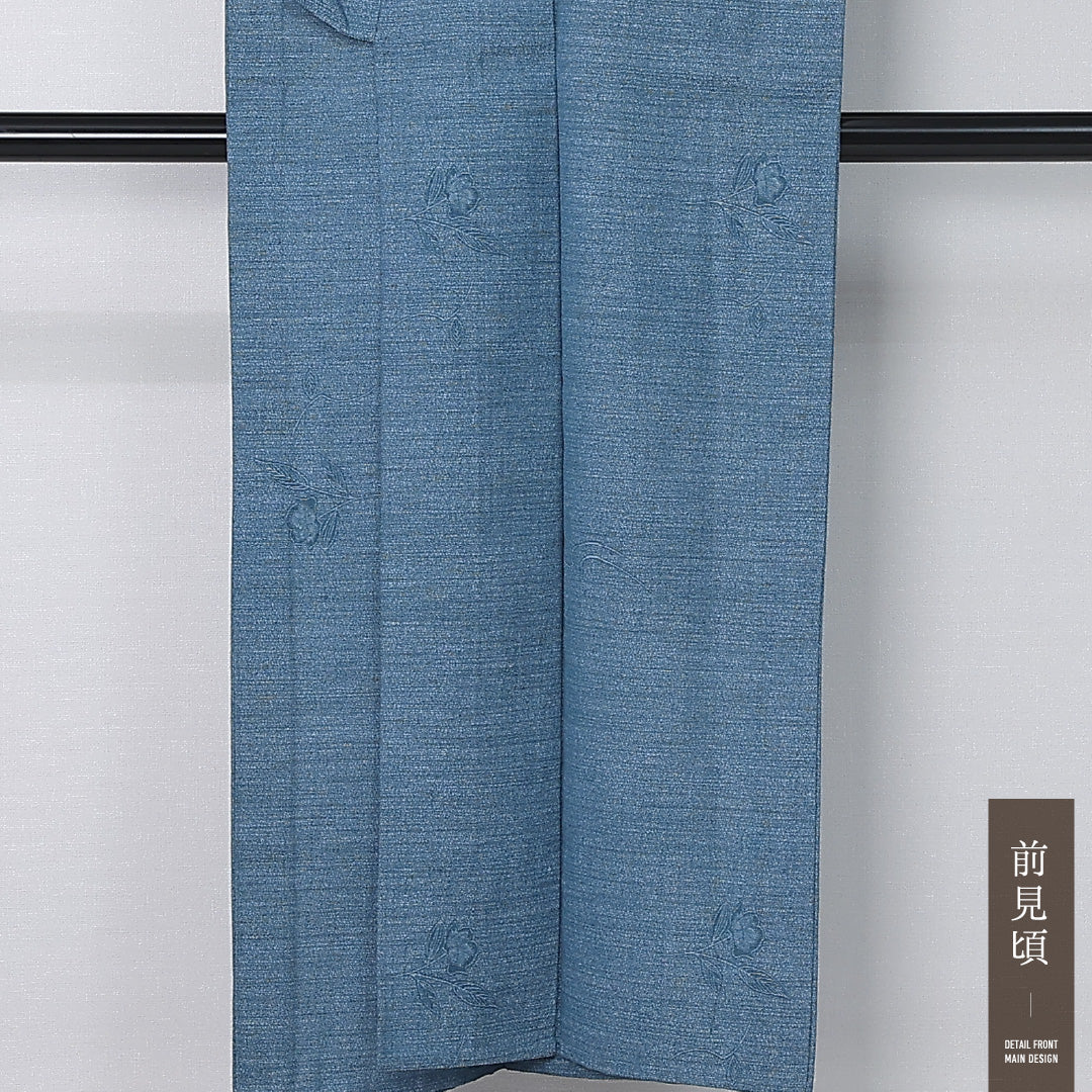 洗える着物 ウールの紬 単衣 身丈149cm 裄丈62cm ウール Aランク カジュアル バチ衿 XSサイズ 花柄 青系 HP 1223-12372