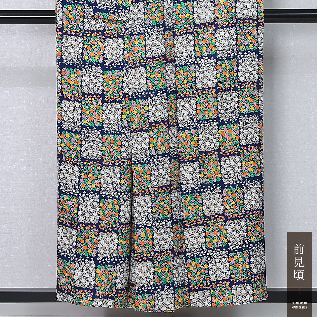 小紋 単衣 身丈154cm 裄丈63cm 正絹 Sランク インフォーマル 広衿 Sサイズ 居敷当て 市松 花柄 紺系 RP 1221-12261