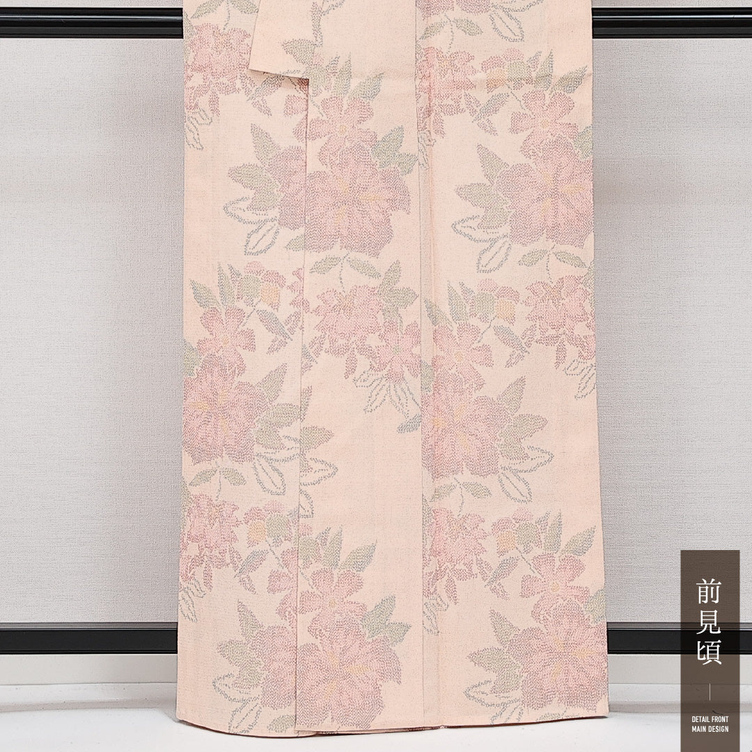 未使用品 紬 単衣 身丈161cm 裄丈62cm 正絹 Sランク カジュアル バチ衿 Lサイズ 織り出し しつけ糸 花柄 ピンク系 RP 1223-14317