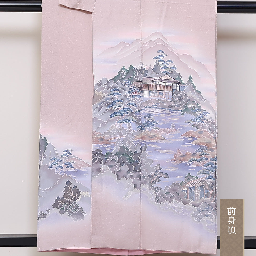 訪問着 袷 身丈156cm 裄丈64cm 正絹 Aランク セミフォーマル 広衿 Mサイズ 風景柄 ピンク系 RP 1217-04665