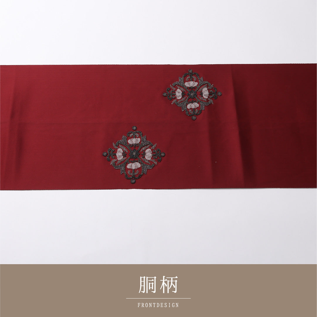 八寸 名古屋帯 帯丈354cm 松葉仕立て ポイント柄 Aランク カジュアル 正絹 刺繍 ダマスク柄 ビーズ 上品 シンプル 赤系 1224-02763