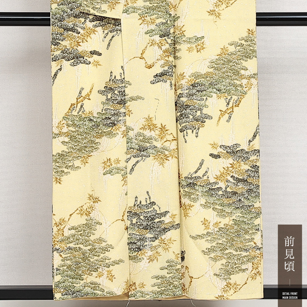 小紋 袷 身丈152cm 裄丈63cm 正絹 Sランク インフォーマル 広衿 Sサイズ 染め紬 藤 松 黄系 M4 1221-14004