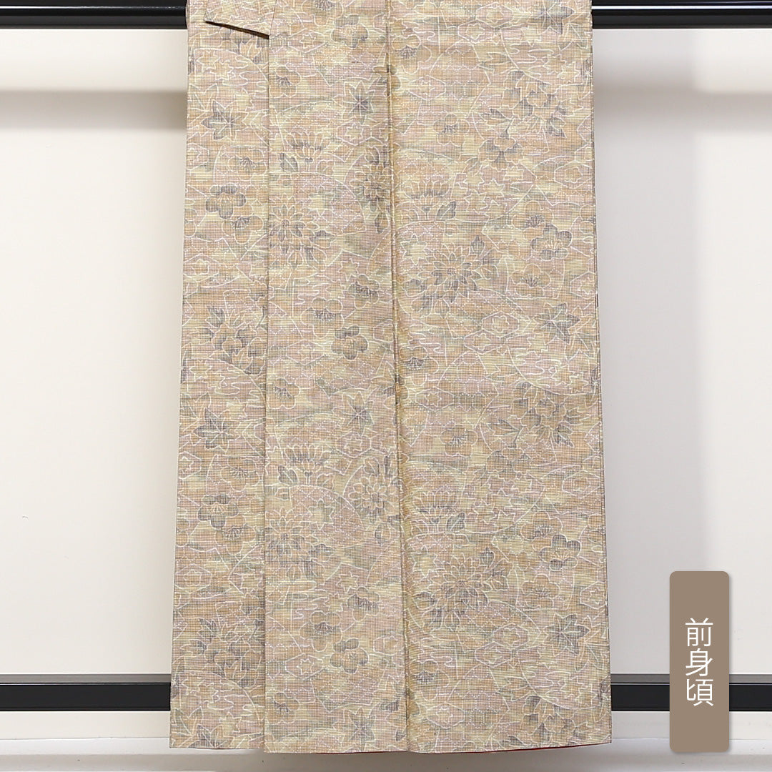 紬 袷 身丈156cm 裄丈62cm 正絹 Sランク カジュアル バチ衿 Mサイズ 花柄 植物柄 ベージュ系 RP 1223-03121
