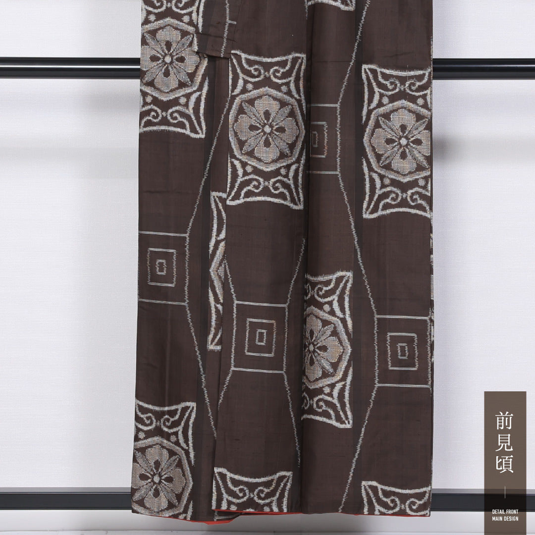 アンティーク 小紋 袷 身丈153cm 裄丈65cm 正絹 Cランク バチ衿 Sサイズ 剣花菱 茶系 M4 1221-11396