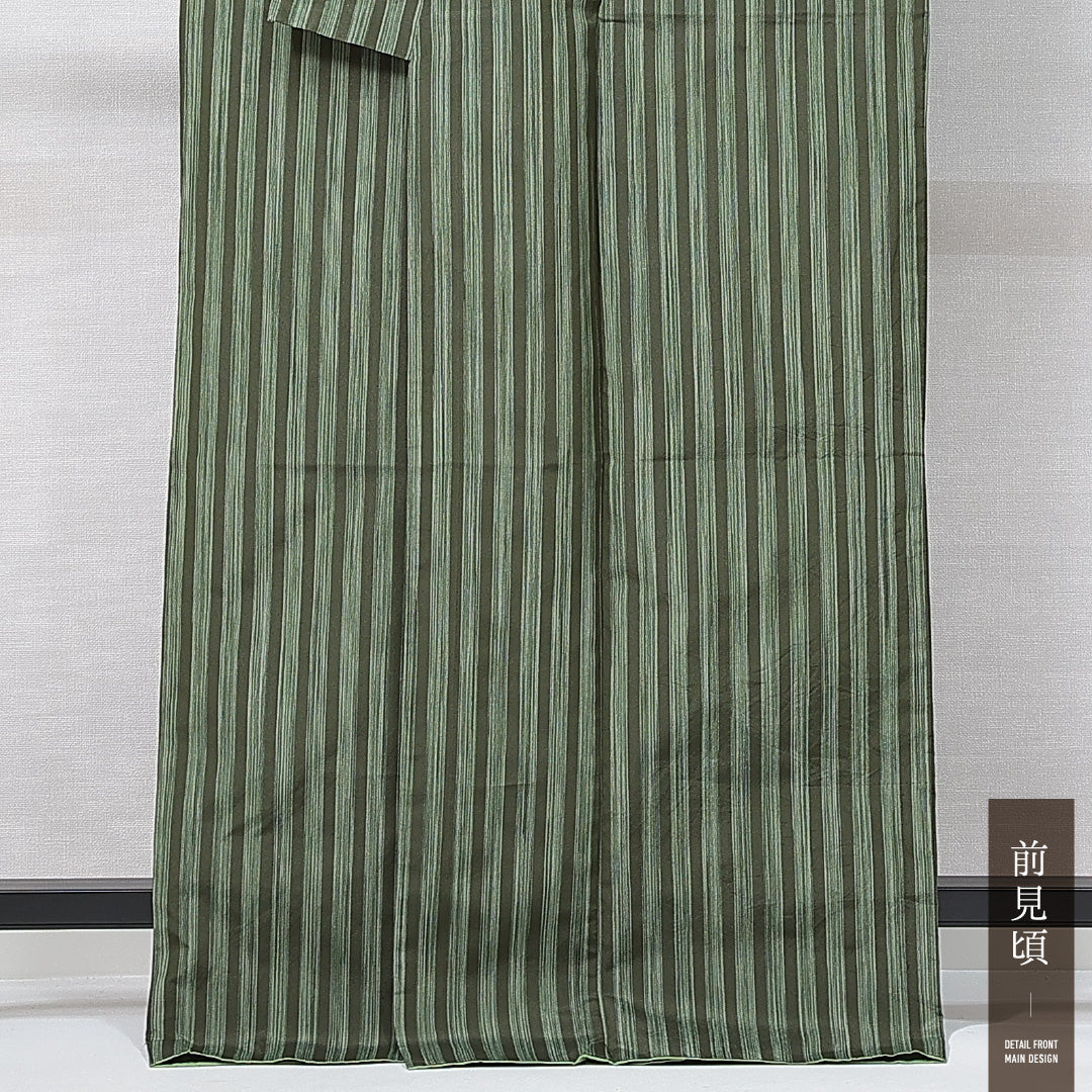 洗える着物 小紋 袷 身丈166cm 裄丈68cm ポリエステル Sランク インフォーマル 広衿 XLサイズ 縞 緑系 RP 1221-14984