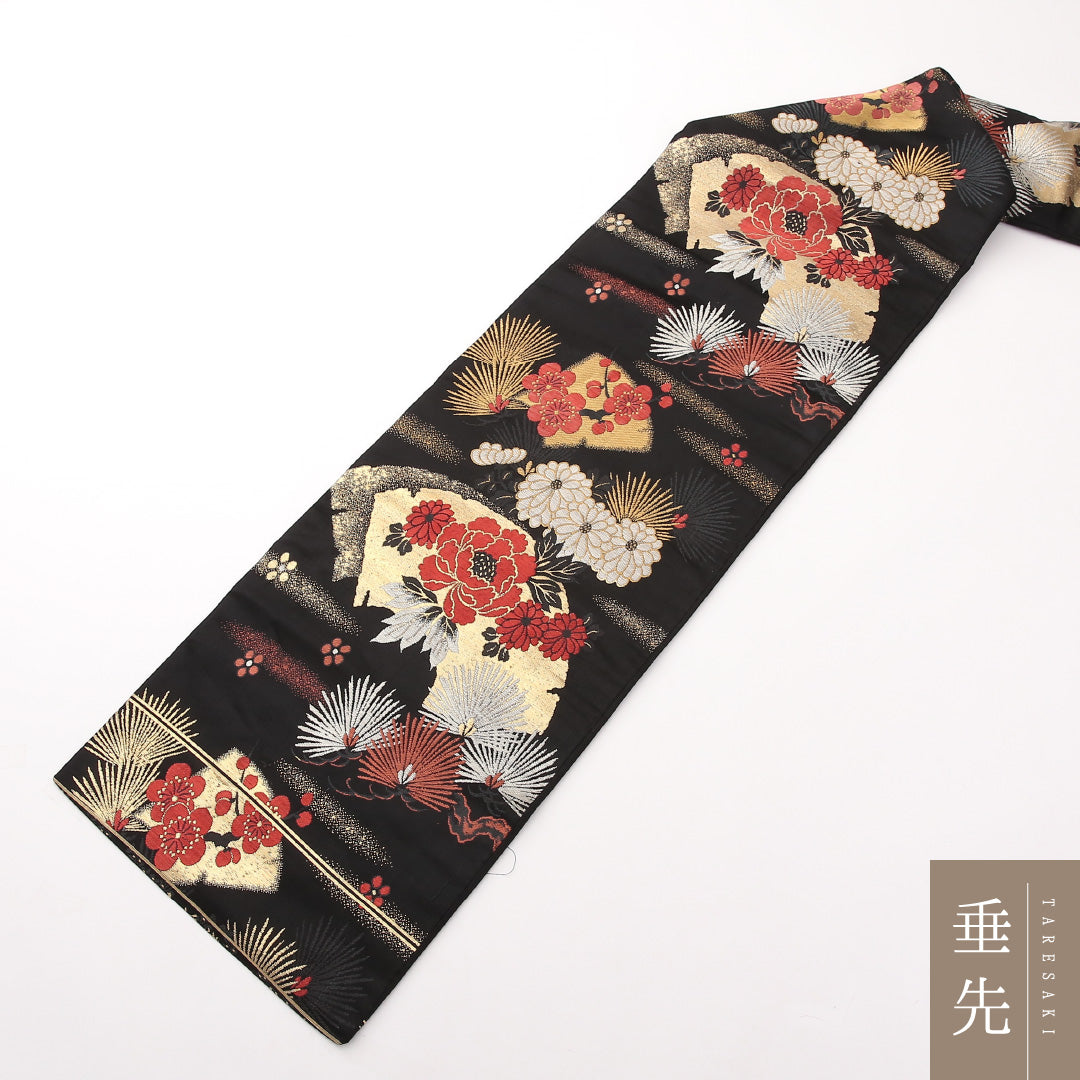 アンティーク 九寸名古屋帯 Aランク 帯丈337cm 正絹 六通 名古屋仕立て 織り 花扇 松 黒系 RP 1245-02285
