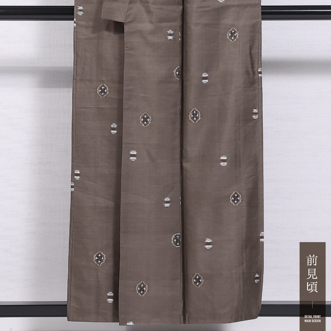 アンティーク 銘仙の着物 袷 身丈155cm 裄丈62cm 正絹 Aランク 広衿 Mサイズ 幾何学柄 茶系 M4 1223-11615