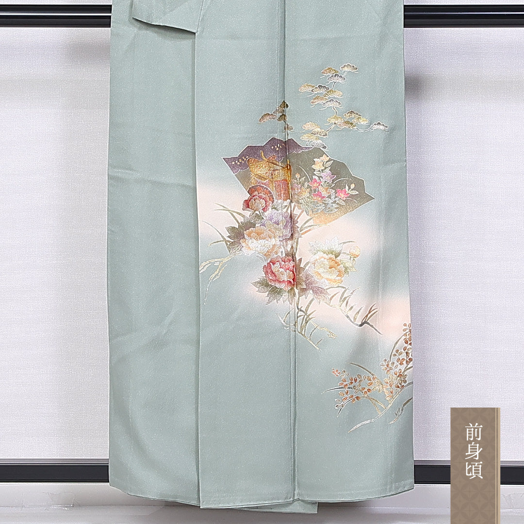 訪問着 身丈155cm 裄丈62cm 正絹 Sランク 袷 広衿 笠松 扇子 牡丹 御所車 1212-10224