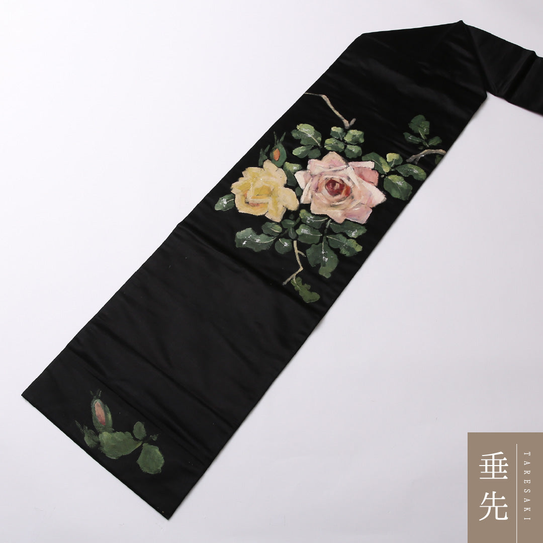 アンティーク 九寸名古屋帯 Aランク 帯丈324cm 正絹 ポイント柄 名古屋仕立て 染め ペンテ帯 薔薇 黒系 M4 1245-02698