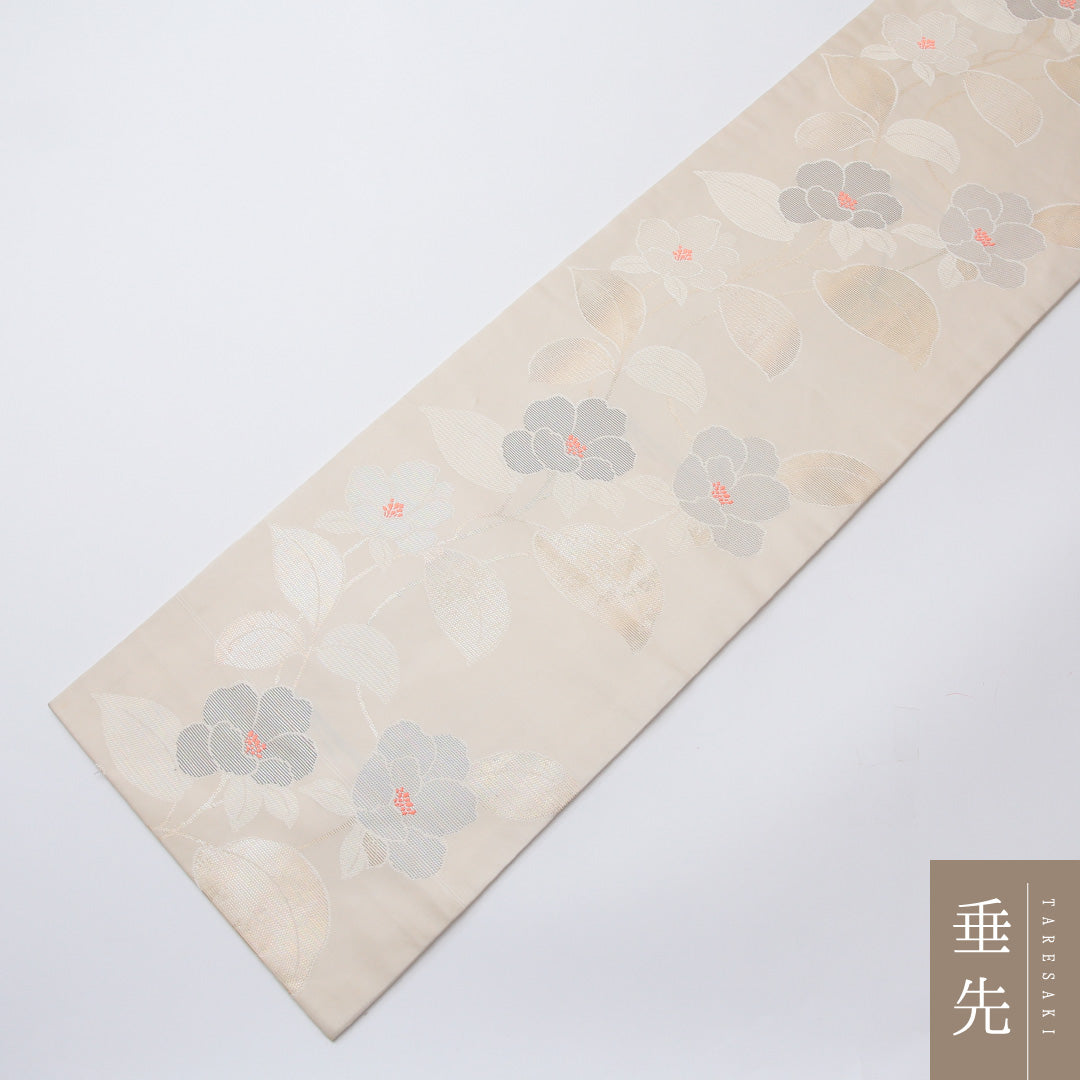 夏物 名古屋帯 六通 帯丈364cm カジュアル Cランク 正絹 椿 クリーム系 1224-02038