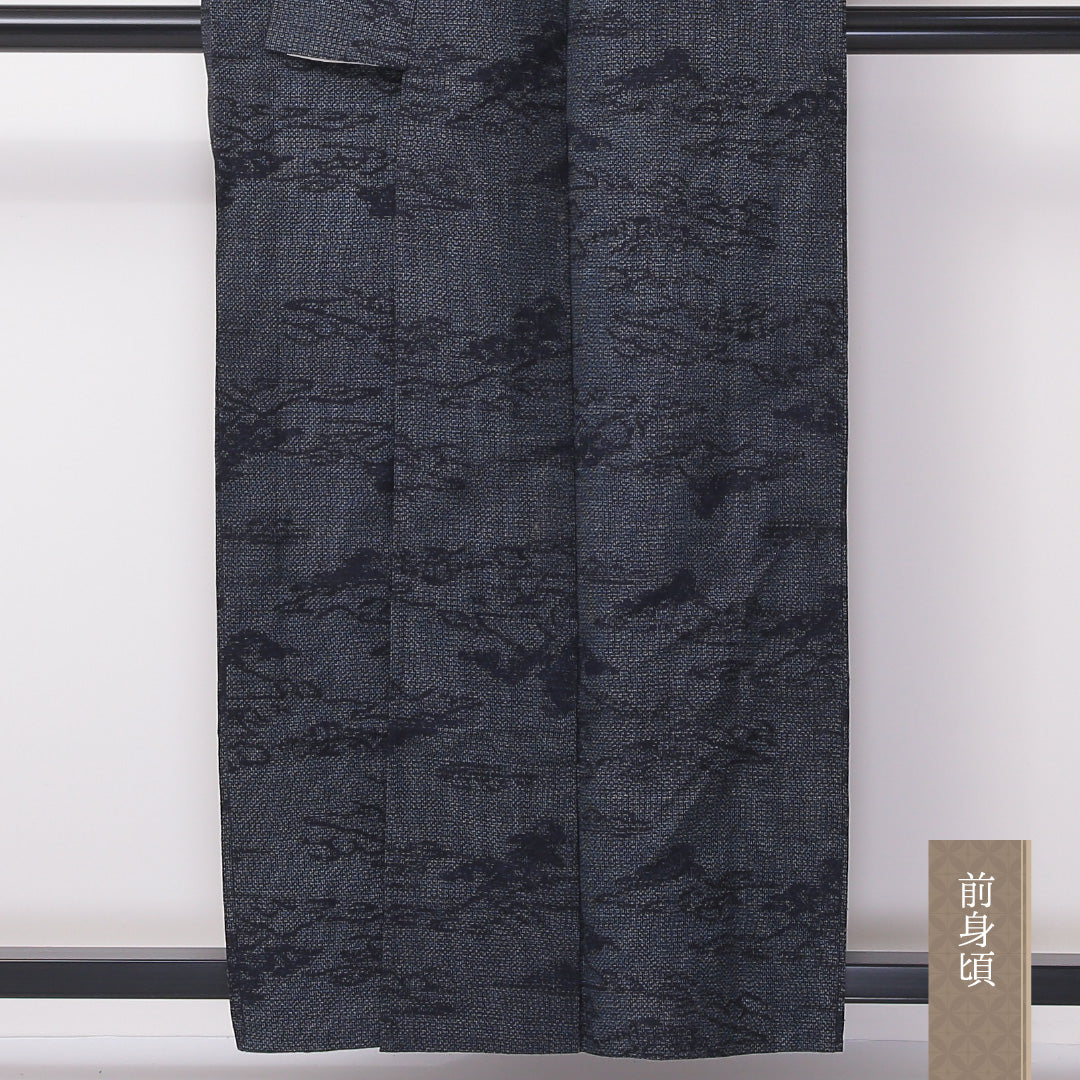 紬 単衣 身丈157cm 裄62cm 正絹 肩当て 山 グレー系 Bランク 1216-01099