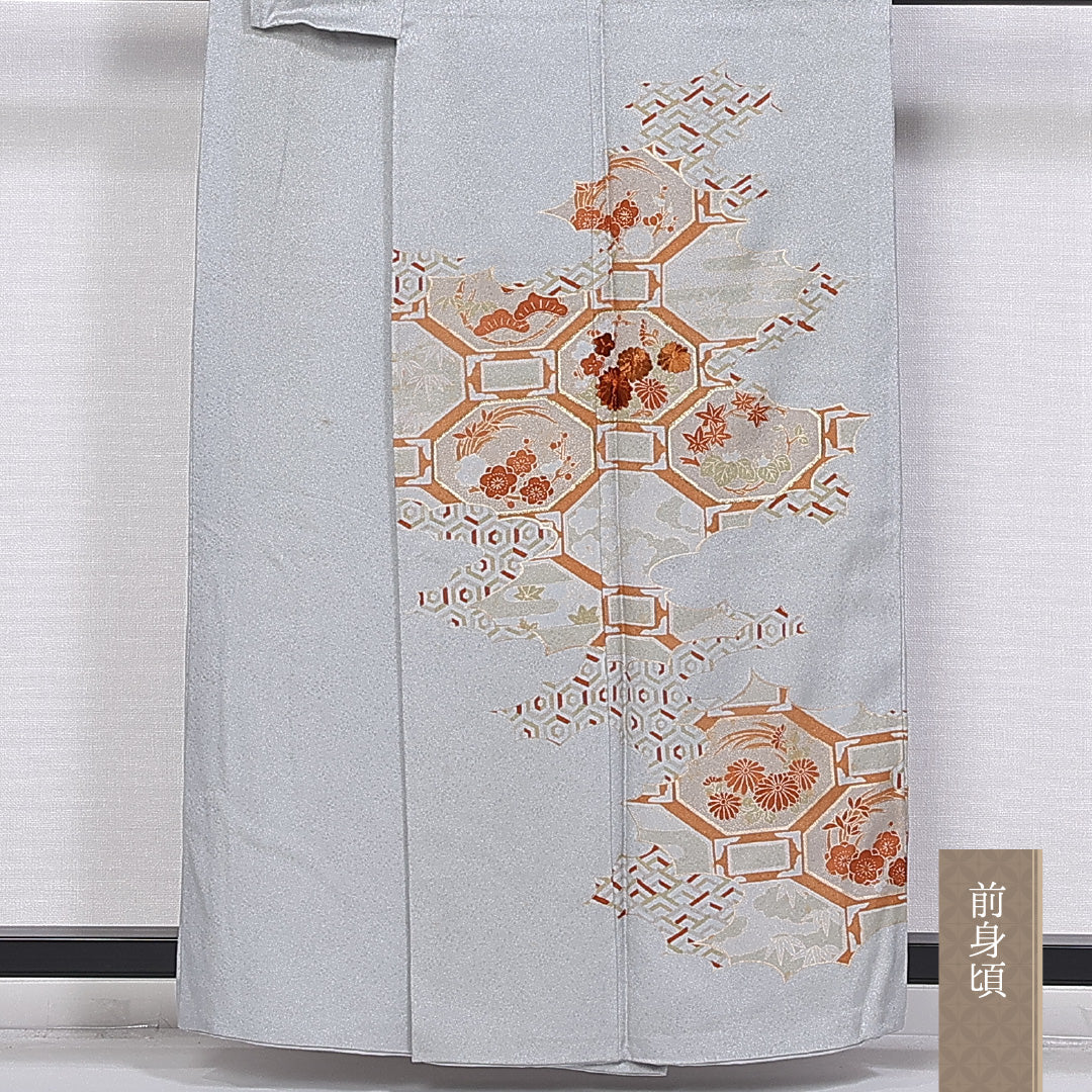 訪問着 身丈157.5cm 裄丈64.5cm 正絹 Bランク 袷 広衿 蜀江 金駒刺繡 吉祥文様 1212-10414