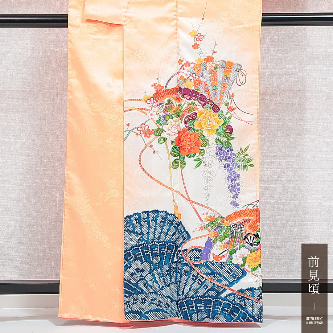訪問着 袷 身丈161cm 裄丈65cm 正絹 Aランク Lサイズ 広衿 セミフォーマル 扇 牡丹 クリーム系 朱系 1212-14768