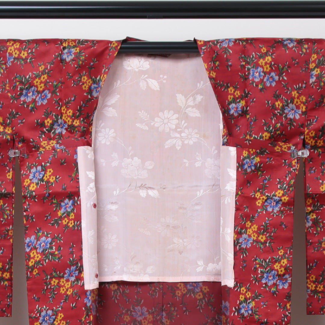 道行コート 洗える着物 袷 身丈128cm 裄丈65cm ポリエステル Cランク Mサイズ フォーマル 花柄 赤系 1263-05661