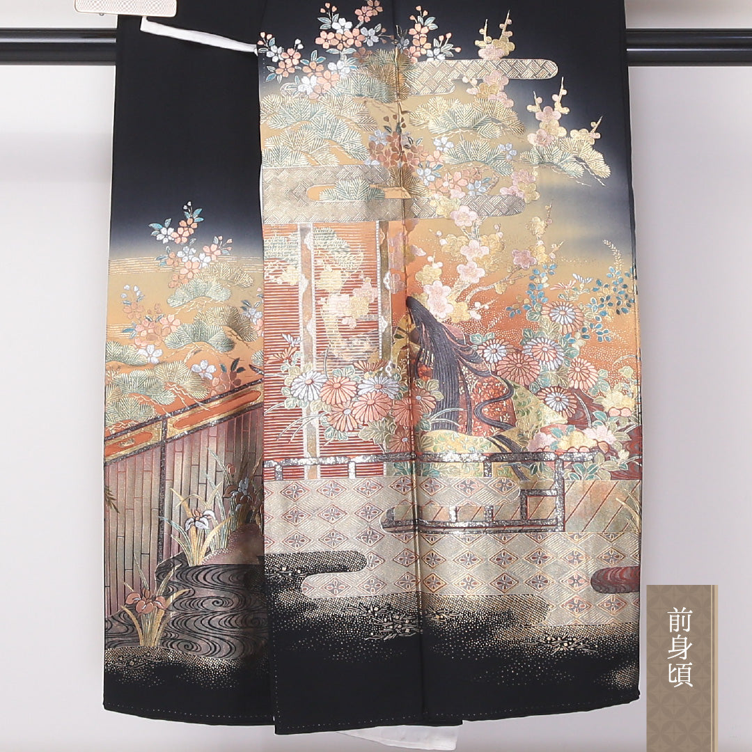 黒留袖 五つ紋 丸に桔梗 身丈141cm 裄丈60cm Bランク 正絹 袷 比翼 広衿 XS 落款 金箔 平安絵巻 梅 フォーマル 黒系 1211-F0241