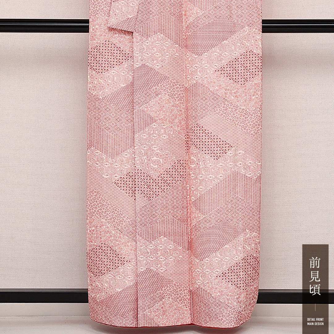 江戸小紋 袷 身丈159cm 裄丈64cm Sランク 正絹 バチ衿 Mサイズ インフォーマル 寄せ柄 レトロ 華やか 赤系 朱系 1262-14167