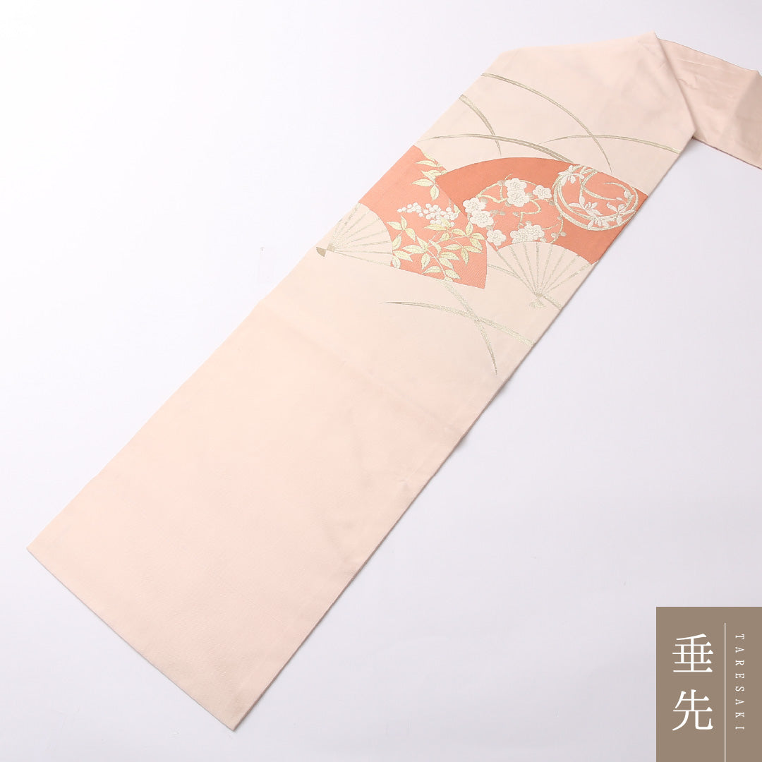 名古屋帯 ポイント柄 帯丈356cm カジュアル Aランク 正絹 扇子 梅 古典的 清楚 ピンク系 1224-02646